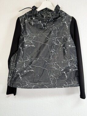 Sun Kim Womens Gray Marble Print Long Sleeve Ruffled Funnel Neck Blouse Small
